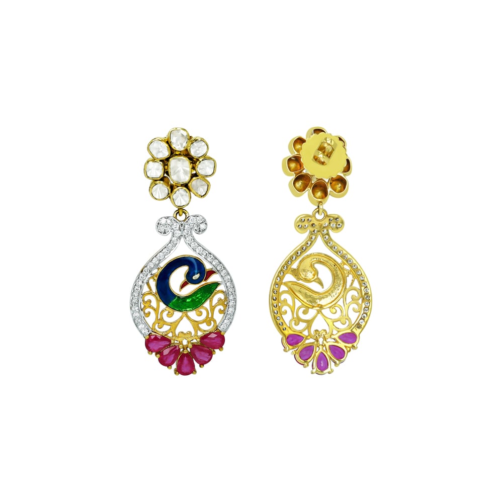 Polki Floral Earrings with Peacock Enamel and Ruby Accents